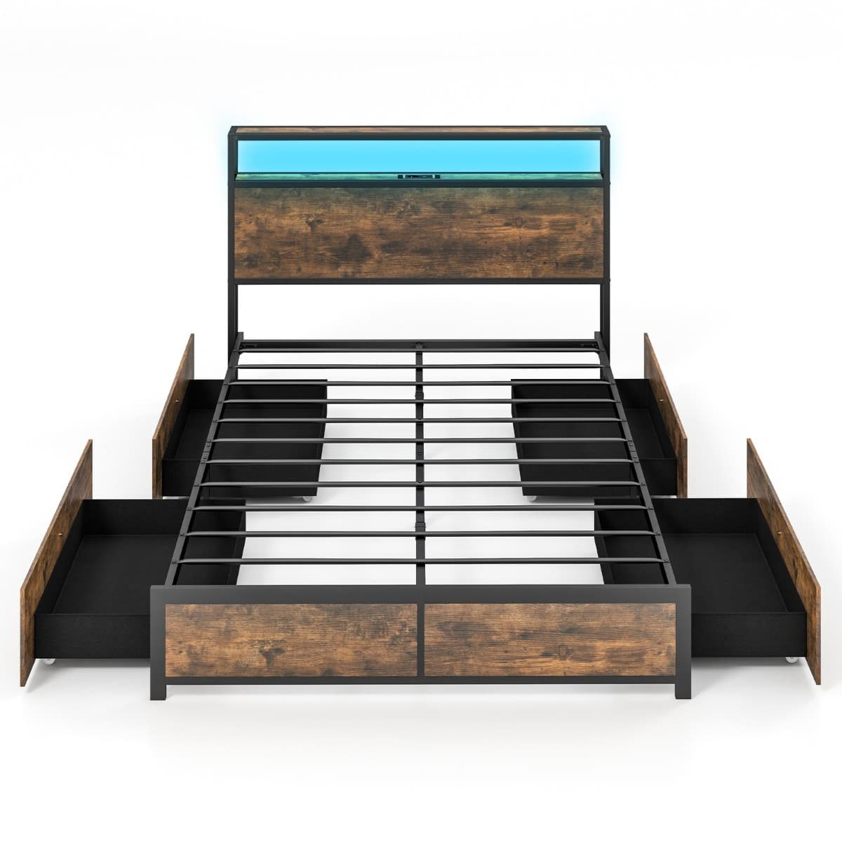 CostwayLit Double Industriel pour Adulte avec 4 Tiroirs et Tête de Lit Lumineuse LED Cadre de Lit avec Prise de Courant