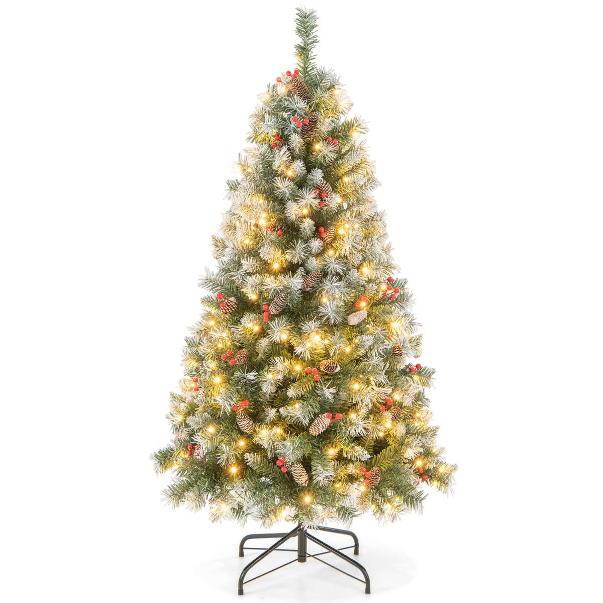 CostwayArbre de Noël Artificiel Pré-Éclairé 150 cm à Charnière Pré-Décoré 450 Pointes de Branches 200 Lumières Led 8 Modes d'Éclairage Pommes de Pin