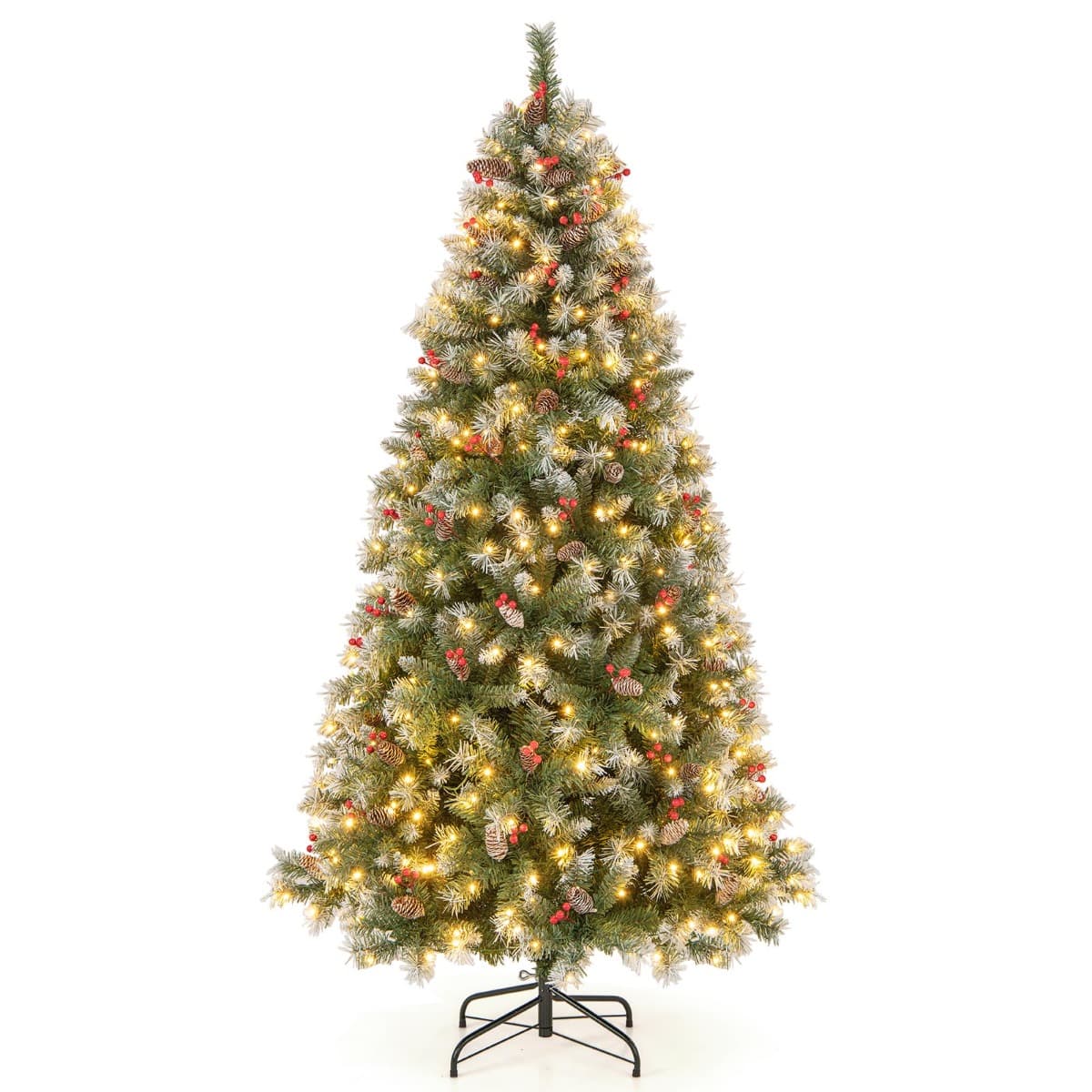 CostwayArbre de Noël Artificiel Pré-Éclairé 195 cm à Charnière Pré-Décoré 909 Pointes de Branches 420 Lumières Led 8 Modes d'Éclairage Pommes de Pin
