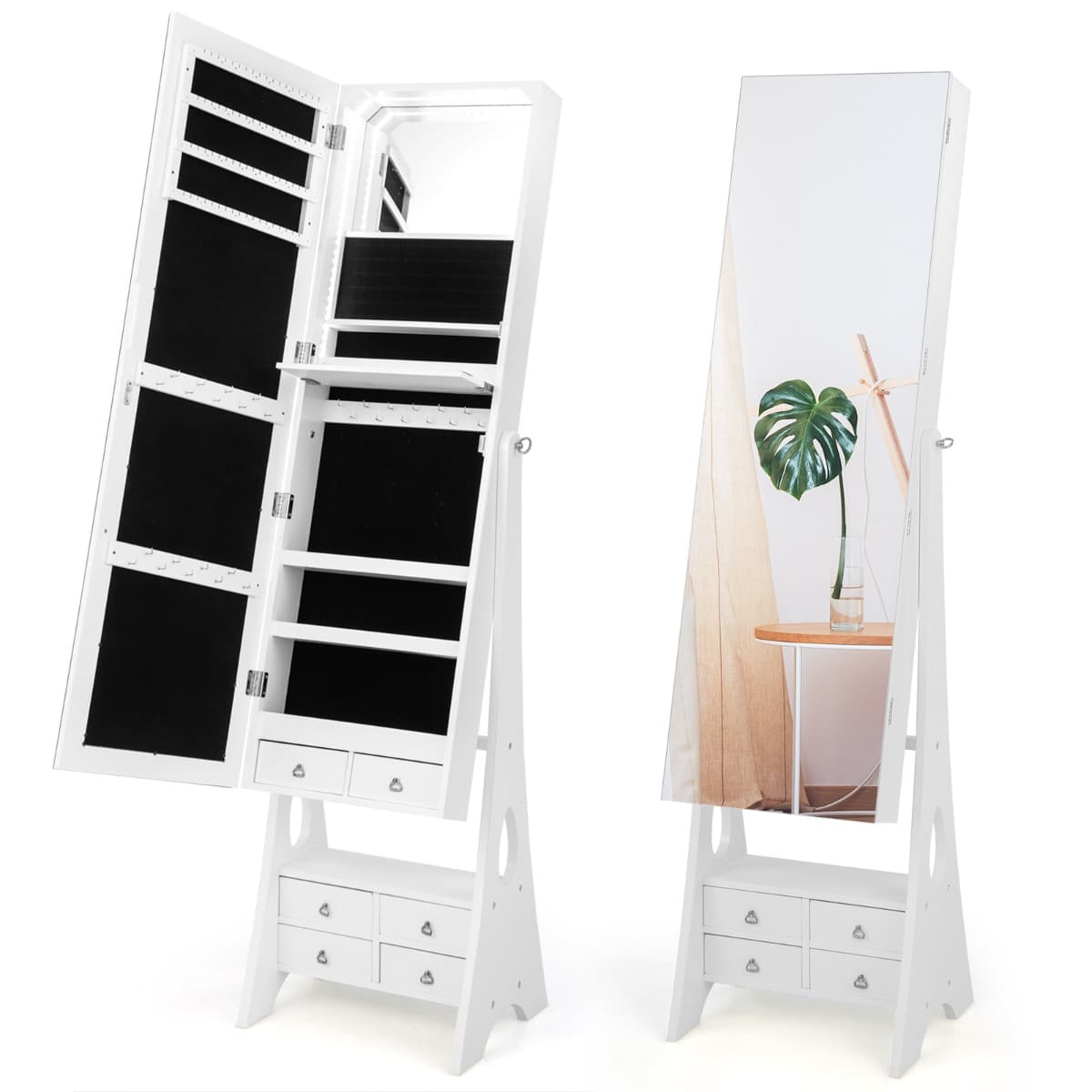 CostwayArmoire à Bijoux sur Pied avec Miroir Pleine Longueur Lumières LED Intégrées 6 Tiroirs et 3 Angles d'Inclinaison Réglables