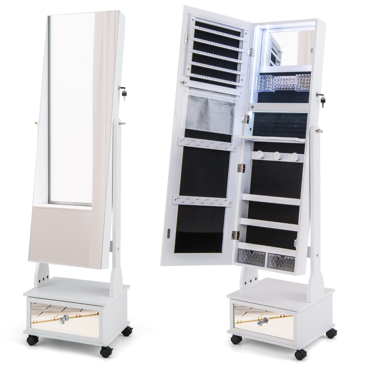 CostwayArmoire à Bijoux sur Pied 4 Roues Verrouillables Miroir Pleine Longueur Lumières LED Tiroir Serrure et Clé Blanc