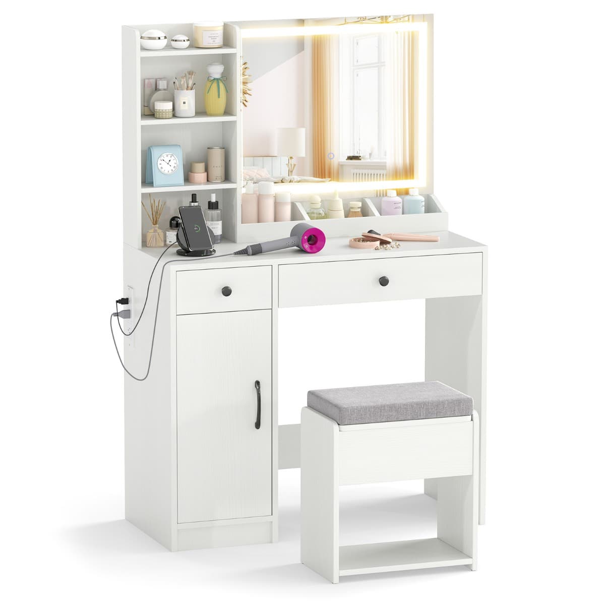 CostwayCoiffeuse avec Miroir Led Éclairé Ensemble Coiffeuse avec Tabouret avec Espace de Rangement Prises Couleurs de Lumière Réglables Blanc