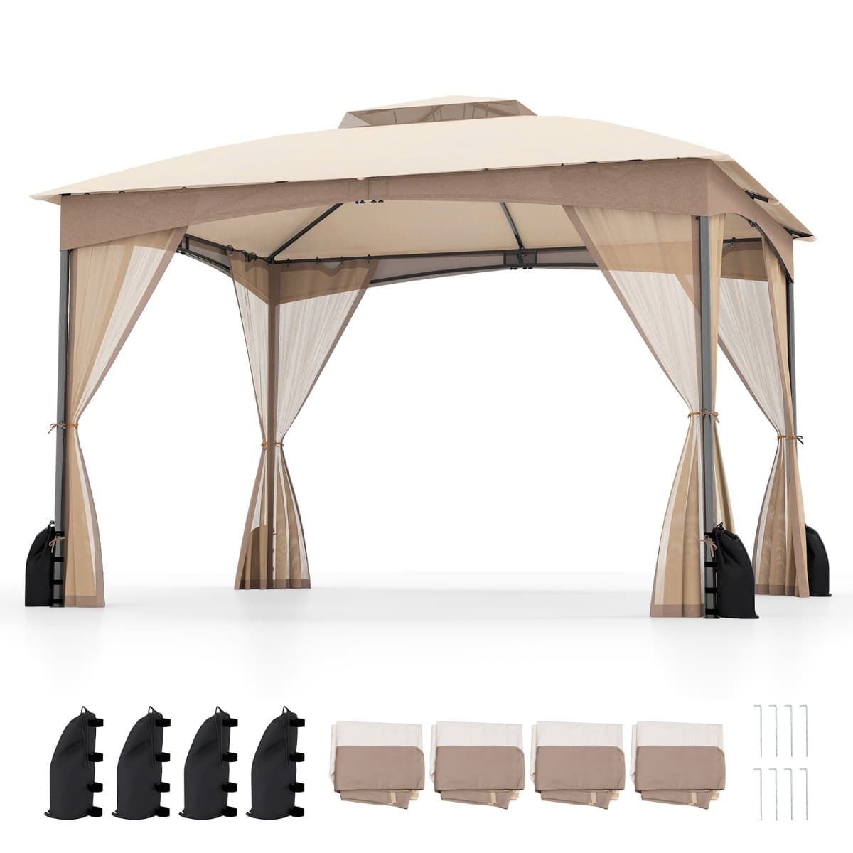 CostwayGazebo de Patio 300 x 365cm avec Murs en Moustiquaire Toit Double avec 4 Sacs de Sable Portes à Fermeture Éclair Cadre Métallique Kaki