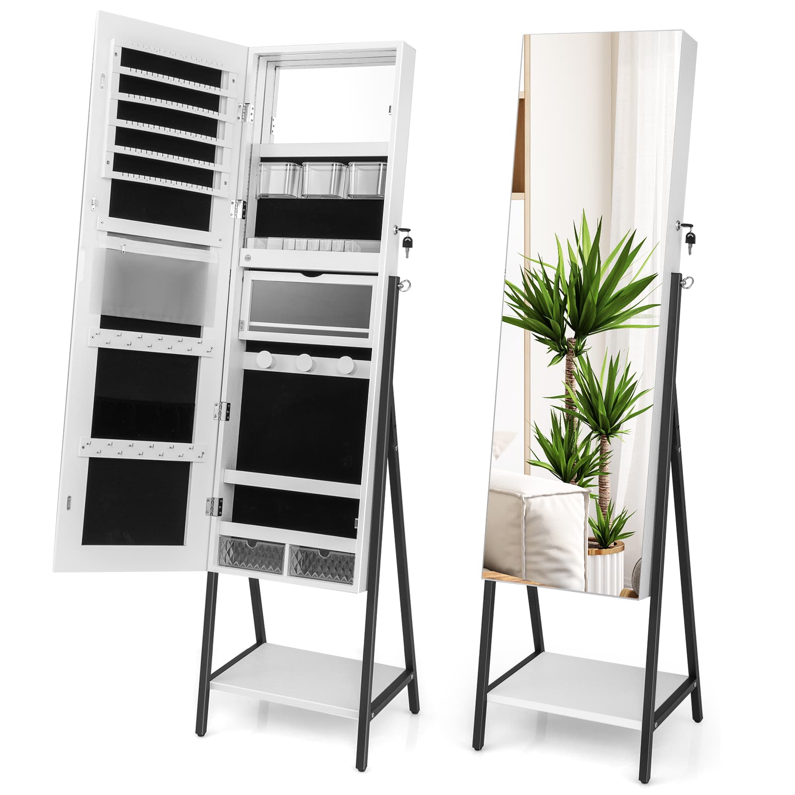 CostwayArmoire à Bijoux sur Pied avec Miroir Pleine Longueur HD Lumières LED 3 Couleurs et Miroir Intérieur Verrouillable Blanc