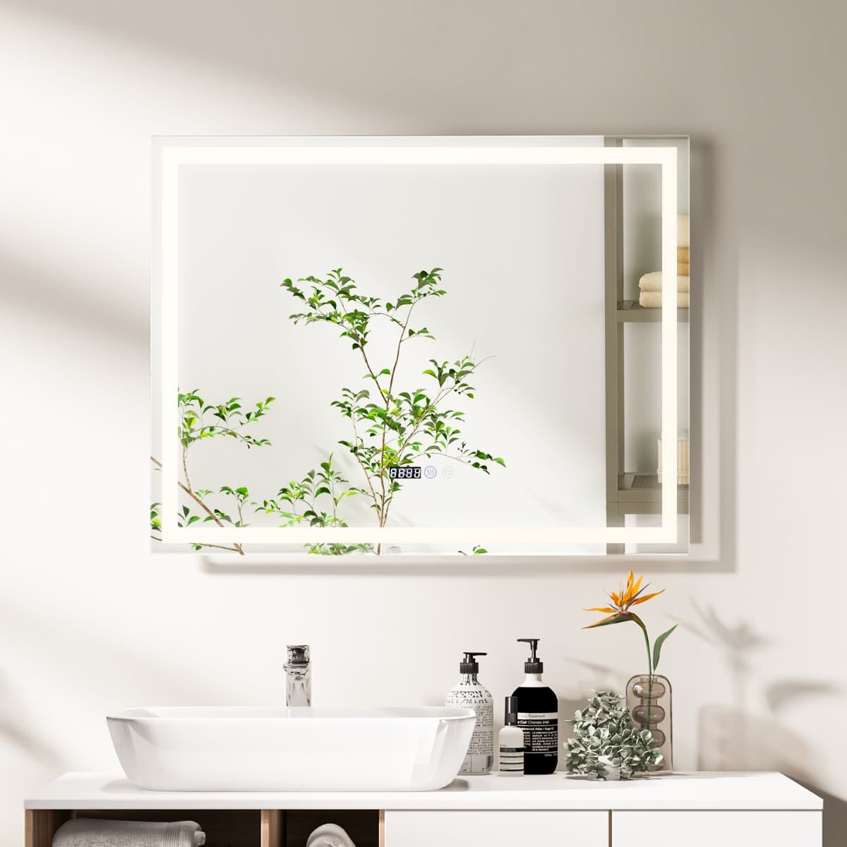 CostwayMiroir Mural Carré à LED et Fonction Anti-buée Miroir de Courtoisie Étanche avec 3 Couleurs 72 Lumières Écran Tactile Miroir de Maquillage