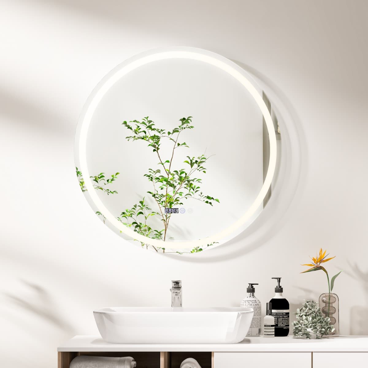CostwayMiroir Mural Rond à LED et Fonction Anti-buée Miroir de Courtoisie Étanche avec 3 Couleurs 58 Lumières Écran Tactile Miroir de Maquillage