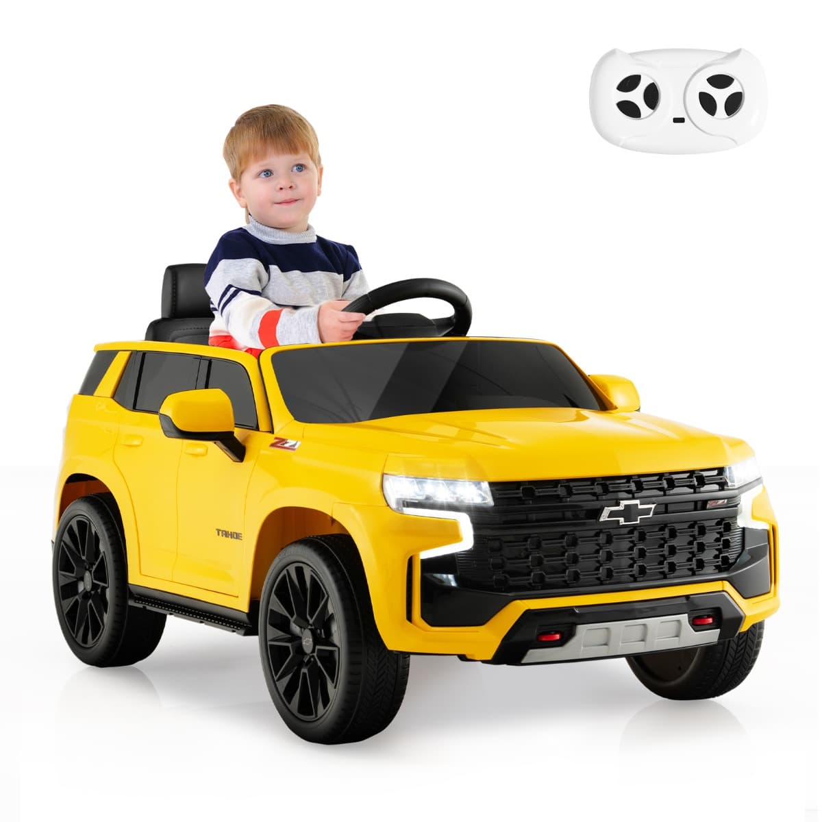 CostwaySUV Chevrolet Tahoe pour 3-6 Ans Véhicule Electrique Alimenté par Batterie 12 V Télécommande 24 G Suspension à Ressort Jaune